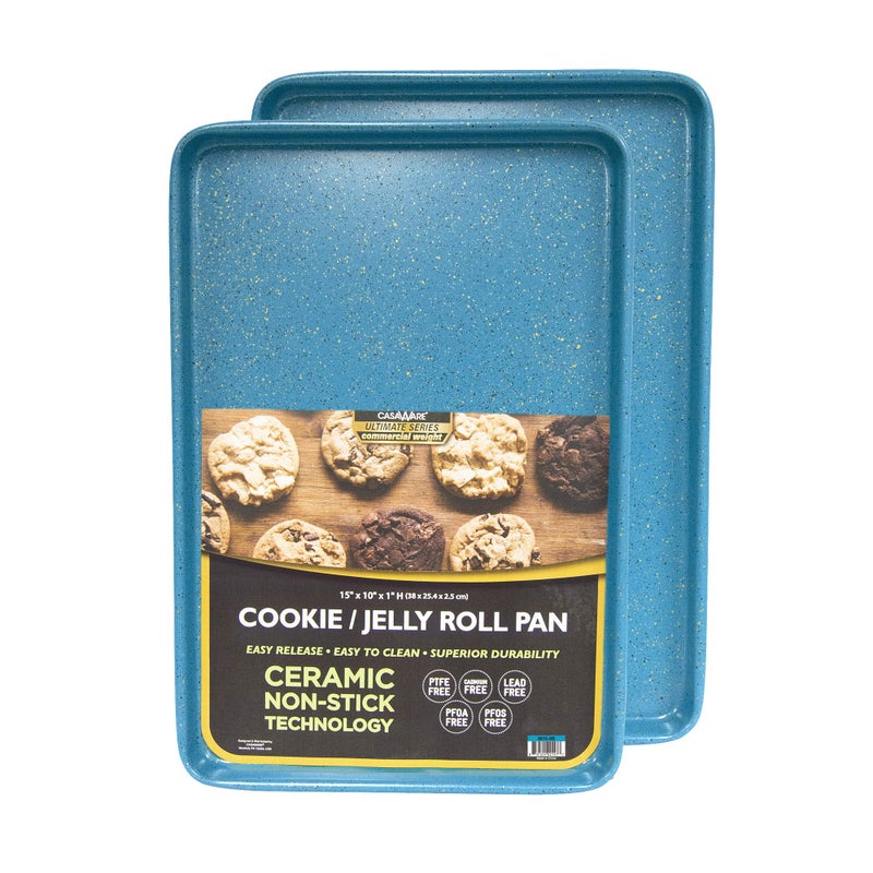 casaWare 2pc Ultimate Commercial Weight 15 x 10 x 1-Inch Cookie Sheet Set (Blue Granite) - Image 1